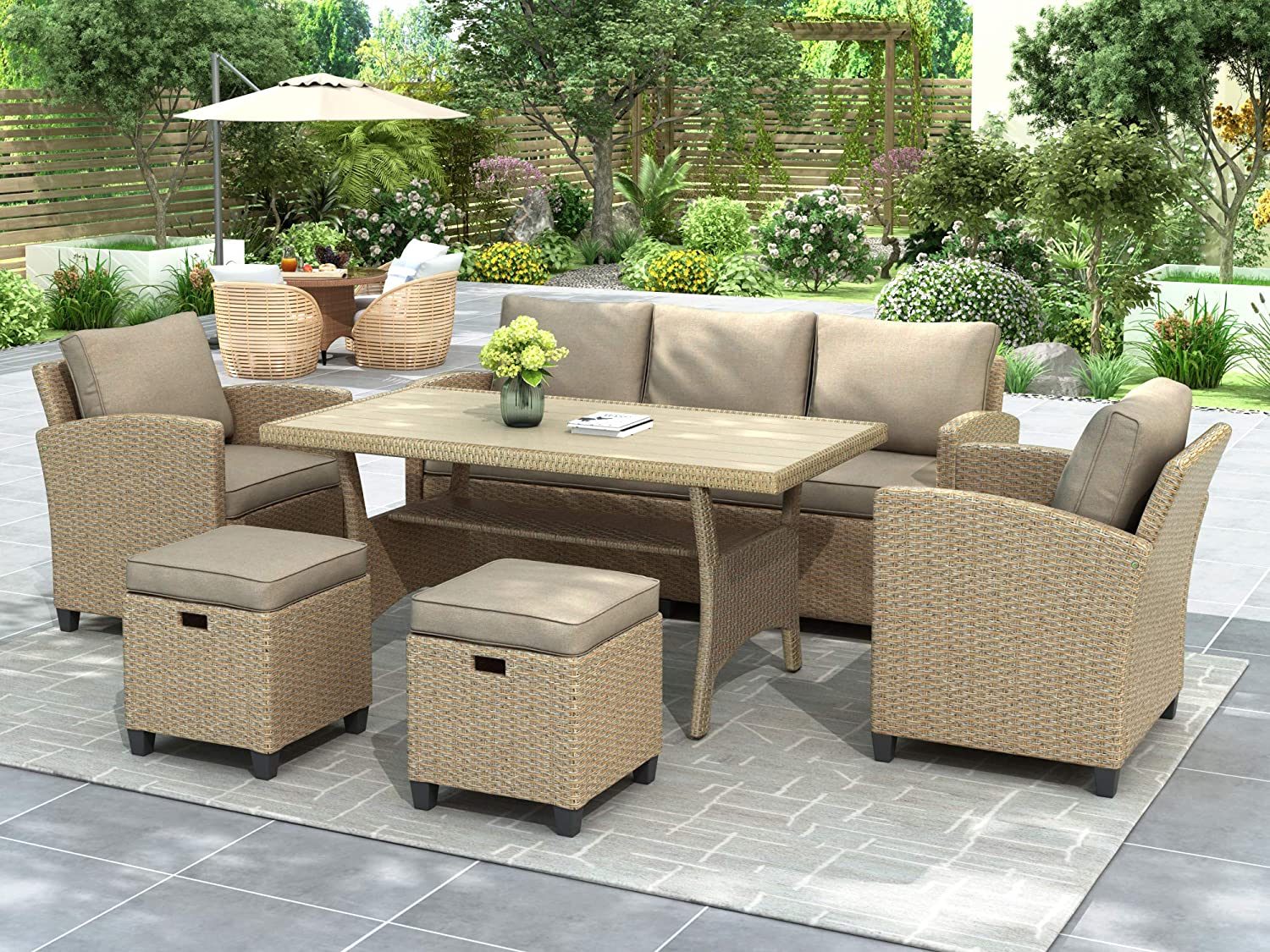 Outdoor Dining Table Set All Weather Rattan Wicker Sofa with Table & Stools