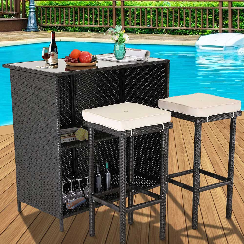 Crossweave 3PCS Patio Rattan Wicker Bar Table Stools Dining Set Cushioned Chairs Garden