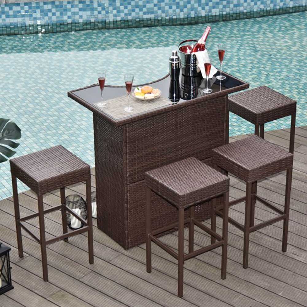 5-Pieces Outdoor Patio Wicker Bar Set Outside Rattan Table Chair Stool with Glass Top and Shelf