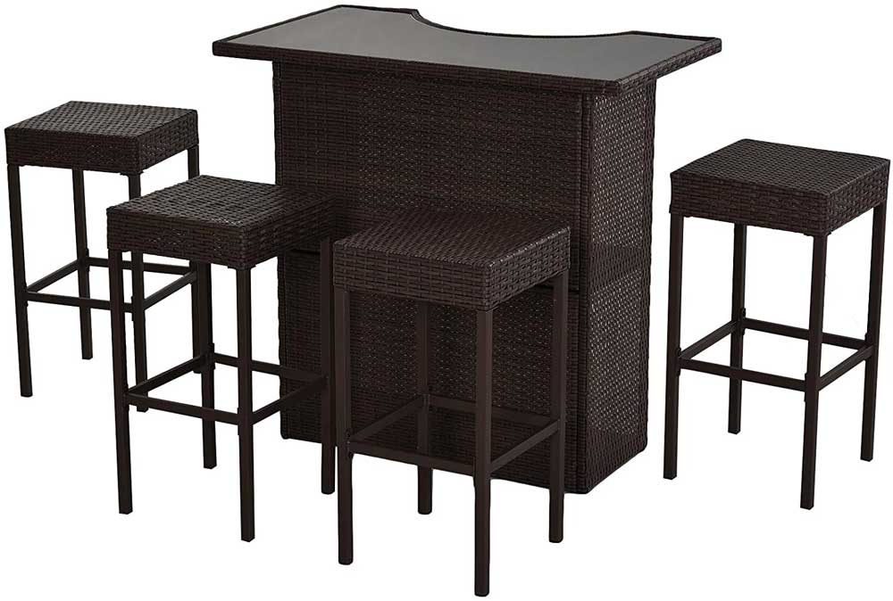 5-Pieces Outdoor Patio Wicker Bar Set Outside Rattan Table Chair Stool with Glass Top and Shelf