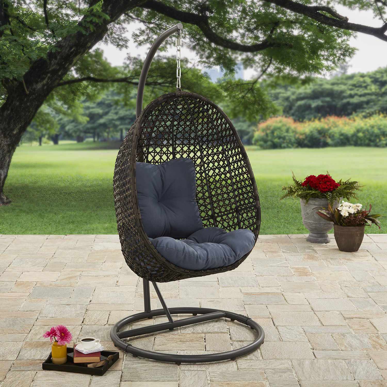 Gardens Wicker Hanging Egg Chair with Cushion and Stand