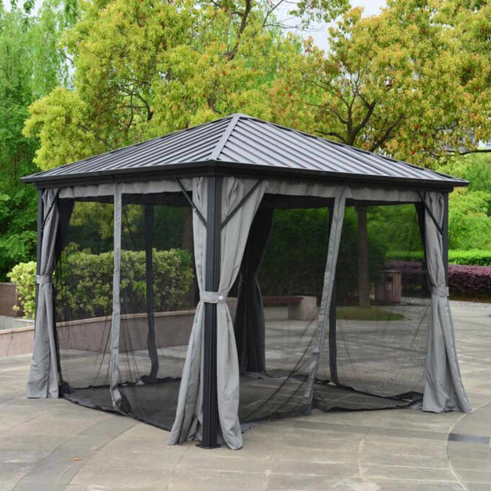 Aluminum Frame and Steel Hardtop Gazebo with Mosquito Net and Curtain